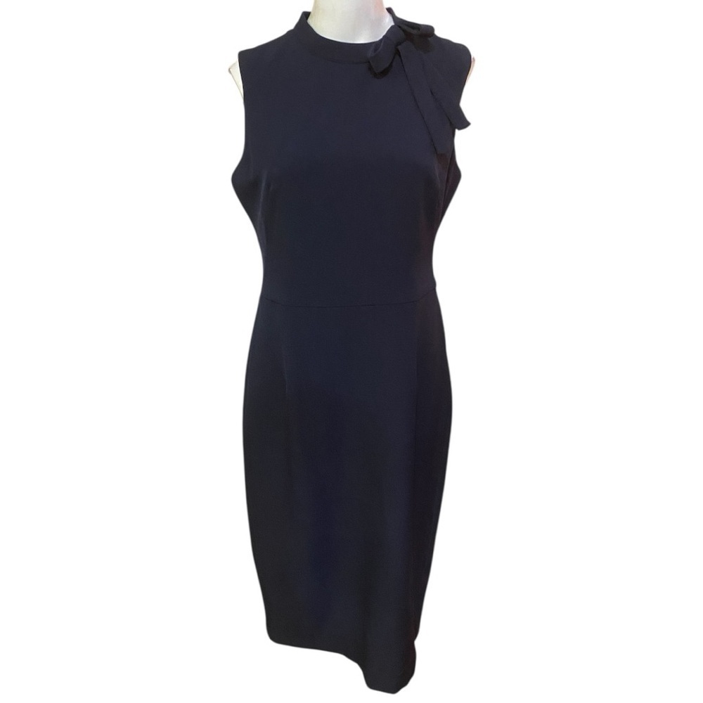Maggy London Blue Sleeveless Sheath Dress Mock Neck Midi Bow Neck 10